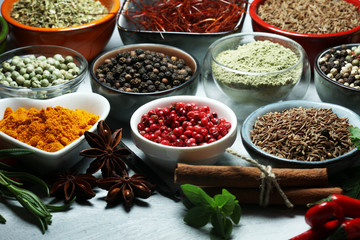 Spices and herbs on table. Food and cuisine ingredients.