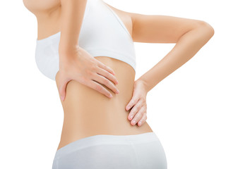 woman posing perfect healthy body shape and massaging her back in pain area, Isolated on white background.