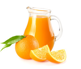 orange juice with orange slices and green leaf isolated on white background. juice in jug