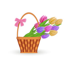 flat easter holiday wicker basket with colored tulip flowers and pink ribbon bow at handle. Spring icon object for your design. Isolated vector illustration on a white background.