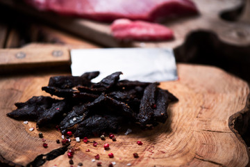Beef Jerky on wooden background