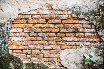 Vintage Toned, Old Brick Wall Texture. Painted Wall Surface, Wide Brickwall, Grunge Red Stonewall Background, Shabby Building Facade With Damaged Plaster, Copy Space