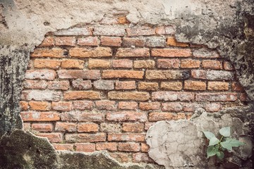 Vintage Toned, Old Brick Wall Texture. Painted Wall Surface, Wide Brickwall, Grunge Red Stonewall Background, Shabby Building Facade With Damaged Plaster, Copy Space