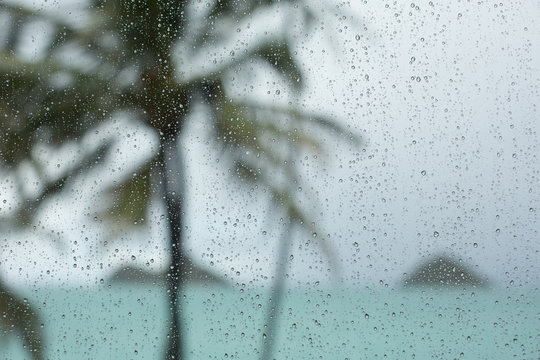 Raindrops on window in tropical storm