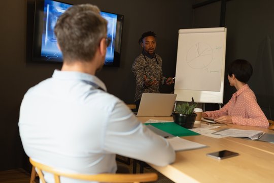 Business people discussing over white board in meeting room