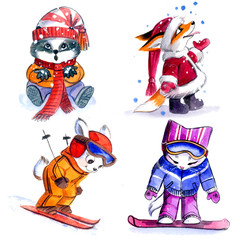 Winter fun, little animals characters