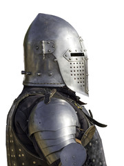 Side view of medieval knight isolated white background