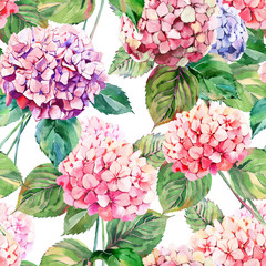Beautiful bright elegant autumn wonderful colorful tender gentle pink herbal floral hydrangea flowers with green leaves pattern watercolor hand illustration