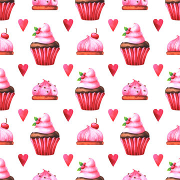 Hand painted seamless pattern with watercolor muffin, cake and red heart isolated on white background