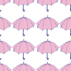 Seamless pattern with doodle umbrellas. For fabric, textile, wallpaper, wrapping paper. Vector Illustration. Hand drawn sketch. Pink elements on white background.