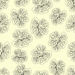 Light yellow Hibiscus flower print. Gorgeous nasturtium. Floral Pattern. Trendy seamless background. Fashion Texture. Line drawing. Vector botanical illustration for fabric, wrapping and other design.