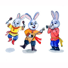 Bunnies with Russian costumes playing the balalaika, watercolor illustration