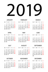 Calendar 2019 - illustration. Week starts on Monday