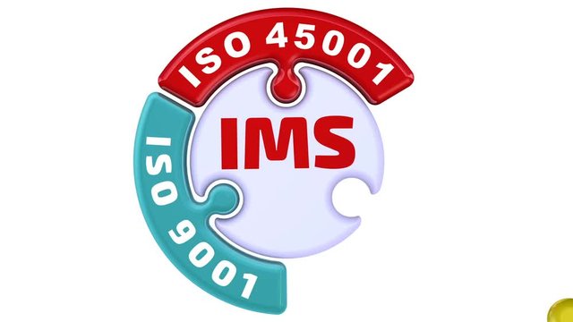 IMS. ISO Integrated Management System. The check mark in the form of a puzzle. The inscription "IMS. ISO 9001, ISO 14001, ISO 45001" on the emerging puzzle in the shape of a circle. Footage video