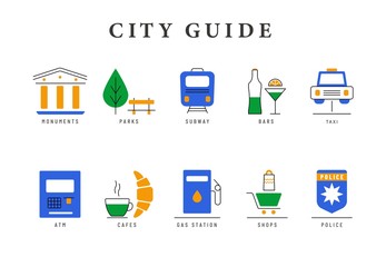 Colored city guide icons. Line icons set with flat design elements of city cafe, parks, monuments, subway, atm, shopping, bars and gas station. Vector logo pictogram collection concept of city badges