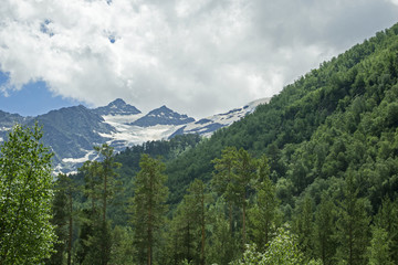 Pastoral view on mountains in valley near Elbrus