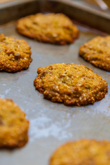 Closeup of Baked Healthy Chocolate Chip Cookies on a Tray