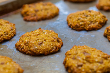 Closeup of Freshly Baked Healthy Oatmeal Raisin Cookies from the Oven
