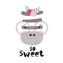 Cute zebra girl face with sunglasses. Childish print for nursery, kids apparel,poster, postcard. Vector Illustration