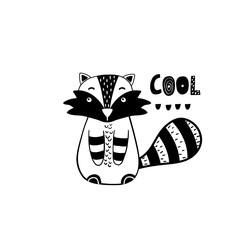 Cute hand drawn raccoon in black and white style. Cartoon vector illustration in scandinavian style