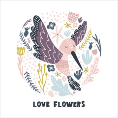 Floral circle with hummingbird . Childish print for nursery, kids apparel,poster, postcard. Vector Illustration