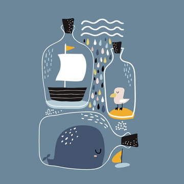 Marine print with whale, boat, seagull in bottles.Childish print for nursery, kids apparel,poster, postcard. Vector Illustration