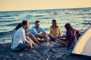Summer, holidays, vacation, music, happy people concept - group of young friends with guitar having...