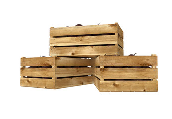 3D render. Wooden box full of passion fruit. Isolated on white background.