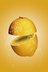Sliced fresh lemon with flowing water effect. Photo manipulation