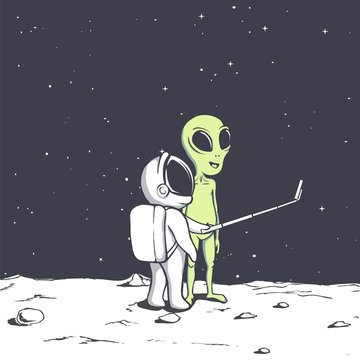astronaut photographs himself and alien.Space friends.Vector illustration
