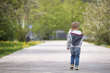Fototapeta premium Back view of kid boy walking alone the park road in spring time. Trees in bloom.