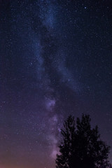 The milky way and stars with a farm lights and a treeline in the foreground.