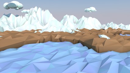 Illustration of the Northern landscape, snow-capped mountains, frozen sea, brown shore and clouds in the blue sky. Image in low poly style. 3d rendering