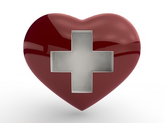 Illustration of red heart, Valentine with red cross. The idea of expensive treatment of heart diseases, the development of medicine. The image on a white background. 3D rendering