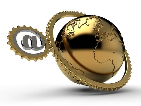 Golden image of planet earth with gears, a reducer mechanism and familiar with email dog. The idea of the engine of the world economy, the Internet. 3D rendering