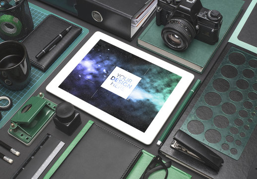 White Tablet Mockup with Office Supplies