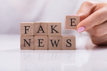 Businesswoman Building Blocks With Fake News Word