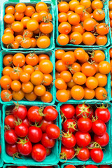 Cartons of orange and red variety of ripe cherry tomatoes on display