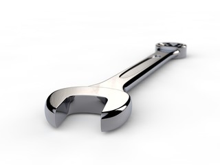 Image, wrench illustration on white isolated background. The key of stainless steel, shiny chrome plated. 3D rendering