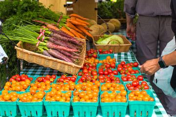 Variety of locally grown cherry tomatoes and carrots at Union Square Greenmarket Farmer's Market...