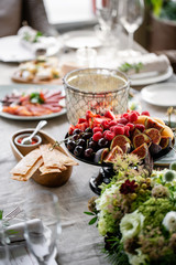 Different meals for the guests on Banquet table. delicious dishes on the table in the restaurant. serving table for birthday or wedding.