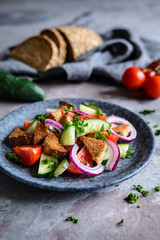 Panzanella - Italian salad with tomato, onion, cucumber and bread croutons