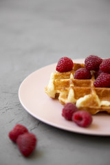 Traditional belgian waffle with raspberries on pink plate over concrete background, side view. Closeup.
