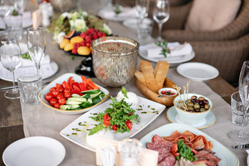 Different meals for the guests on Banquet table. delicious dishes on the table in the restaurant. serving table for birthday or wedding.
