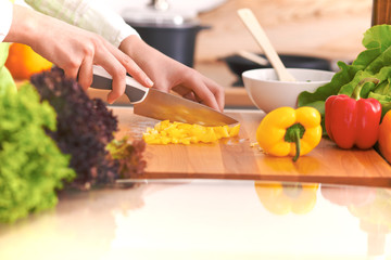 Close Up of human hands cooking vegetable salad in kitchen on the glass table with reflection. Healthy meal, and vegetarian food concept