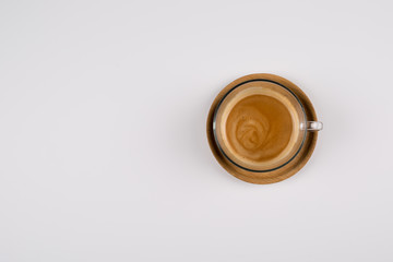 Coffee cup on wooden tray from above on white background, with place for your text, I Love Coffee Concept.