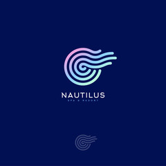 Nautilus Spa logo. Decorative element like Nautilus spiral shell. Spa and resort emblem. - obrazy, fototapety, plakaty