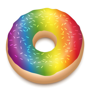 Rainbow colored donut with sprinkles. Isolated vector illustration on white background.