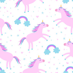 Cute cartoon colorful seamless pattern with pink unicorns rainbows and stars on white background. Perfect for kids textile, wallpaper, wrapping paper etc. Vector illustration