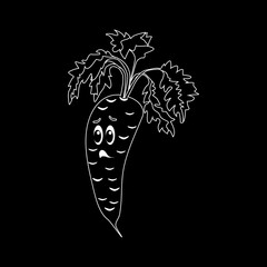 Cartoon vegetable -  silhouette carrot. Cute character vegetable carrot face isolated on black background vector illustration. Simple  silhouette carrot  icon vector. Cartoon face food emoji. 